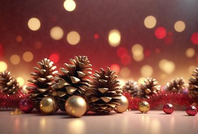 The primary subject of the image is a group of gold pinecones. They are arranged in a visually appealing manner, with some of them placed on a table. The setting is a red background, which adds a vibrant and festive touch to the scene. The visual style of the image is a combination of photo and digital art, creating a realistic yet artistic representation of the gold pinecones. The colors and mood of the image are warm and inviting, with the gold pinecones serving